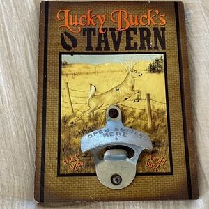 Lucky Buck's Tavern Wall Bottle Opener - Brown and Silver